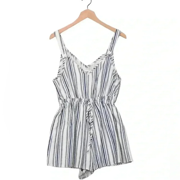 LF Seek the Label Blue & White Striped Paper-bag Waist Romper - Picture 1 of 9